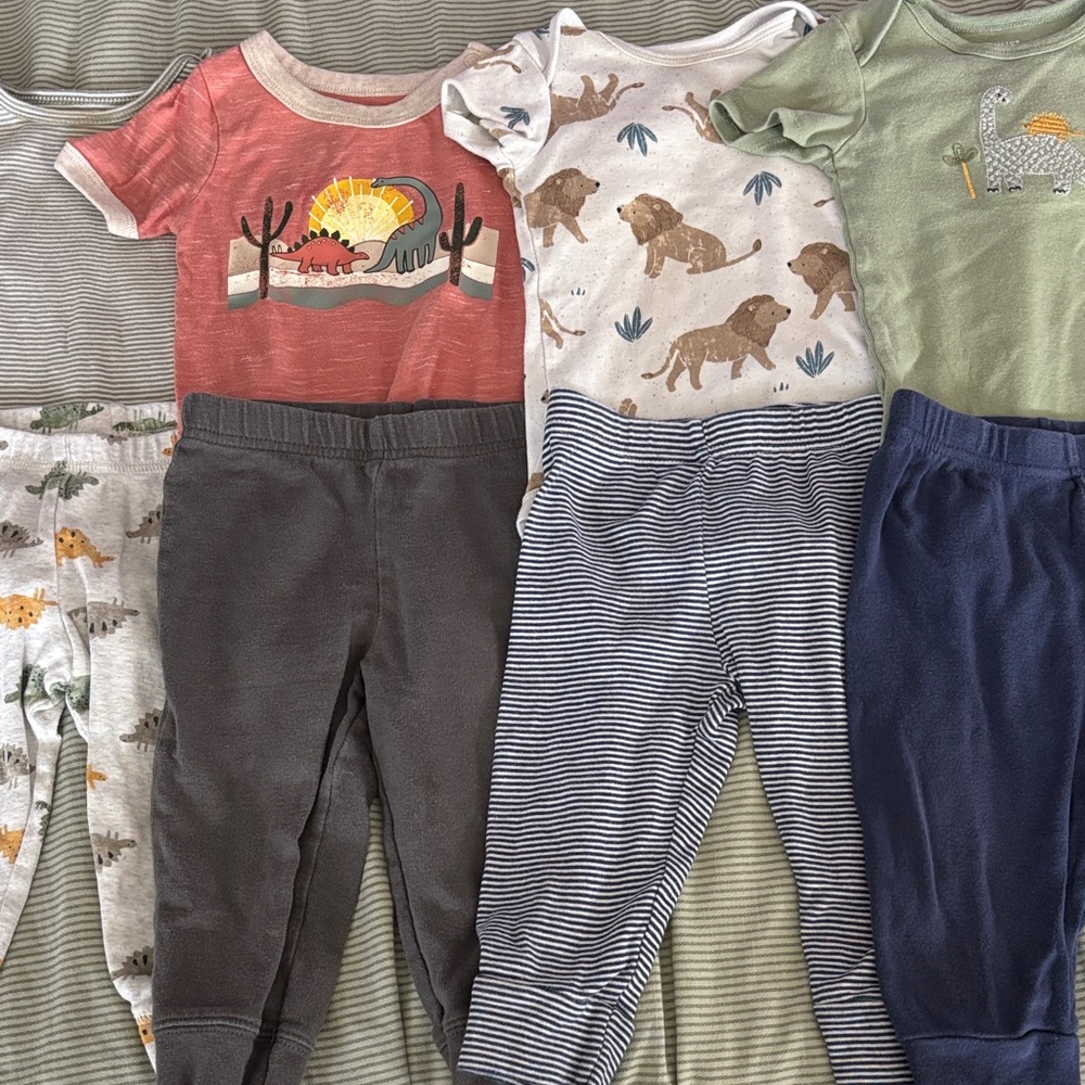 4 12 month outfits, dinosaur lion stripe